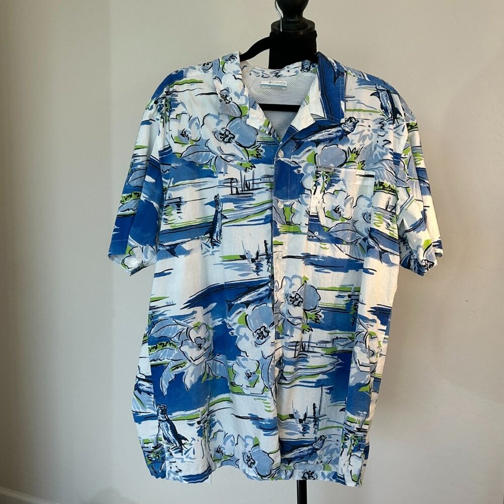 COLUMBIA Men’s PFG Trollers Best™ Short Sleeve Hawaiian Shirt LARGE - blue